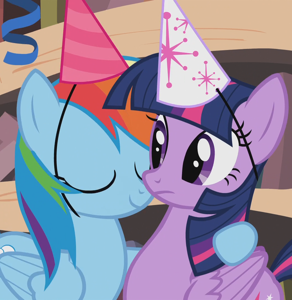 Size: 1049x1080 | Tagged: safe, derpibooru import, screencap, rainbow dash, twilight sparkle, twilight sparkle (alicorn), alicorn, pegasus, pony, daring don't, season 4, cropped, duo, duo female, eyes closed, female, frown, g4, hat, hug, image, mare, national random holiday party day, out of context, party, party hat, png, smiling