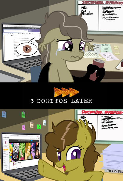 Size: 3264x4784 | Tagged: safe, artist:succubi samus, derpibooru import, oc, oc:moon pearl, bat pony, computer, discorded, fanbox, happy, i'm back, image, laptop computer, link in description, meme, notes, paperwork, pixiv, png, show accurate