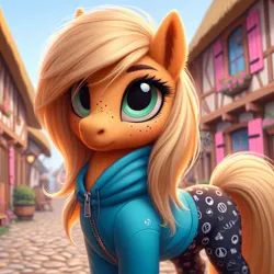Size: 1024x1024 | Tagged: safe, ai content, machine learning generated, ponerpics import, ponybooru import, applejack, earth pony, pony, alternate hairstyle, bing, clothed ponies, clothes, female, fluffy, hoodie, image, jpeg, leggings, mare, missing accessory, ponyville, solo