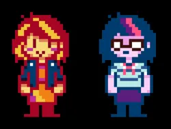 Size: 1710x1290 | Tagged: safe, artist:menalia, derpibooru import, sci-twi, sunset shimmer, twilight sparkle, human, equestria girls, black background, clothes, deltarune, glasses, image, jacket, leather, leather jacket, limited palette, pixel art, png, shirt, simple background, skirt, style emulation, undertale