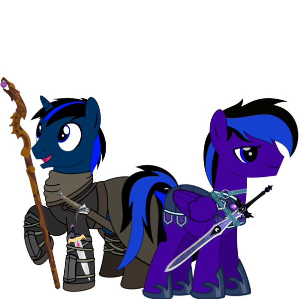 Size: 4096x4096 | Tagged: safe, artist:rd4590, derpibooru import, edit, oc, oc:midnight star, oc:party time mentats, unofficial characters only, pegasus, pony, unicorn, derpibooru community collaboration, 2024 community collab, armor, dagger, image, png, simple background, staff, sword, transparent background, weapon