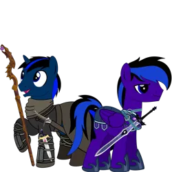 Size: 4096x4096 | Tagged: safe, artist:rd4590, derpibooru import, edit, oc, oc:midnight star, oc:party time mentats, unofficial characters only, pegasus, pony, unicorn, derpibooru community collaboration, 2024 community collab, armor, dagger, image, png, simple background, staff, sword, transparent background, weapon