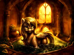 Size: 6336x4736 | Tagged: safe, ai content, anonymous artist, derpibooru import, machine learning generated, stable diffusion, derpy hooves, pegasus, pony, absurd resolution, bathing, bathroom, blushing, castle, chest fluff, dark, detailed, detailed background, dripping, female, fluffy, folded wings, generator:easyfluff v11.2, happy, image, looking at you, mare, missing cutie mark, partially submerged, png, smiling, smiling at you, solo, steam, sunrise, water, wet, wet fur, wings, yellow eyes, yellow mane