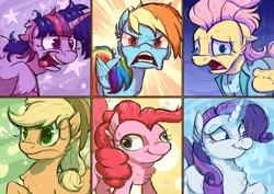 Size: 4092x2893 | Tagged: safe, artist:candy meow, derpibooru import, applejack, fluttershy, pinkie pie, rainbow dash, rarity, twilight sparkle, alicorn, earth pony, pegasus, pony, unicorn, abstract background, alternate hairstyle, angry, applejack's hat, colored sketch, cowboy hat, crazy face, derp, expressions, facial expressions, faic, female, hat, image, magic, mane six, mare, png, scene interpretation, severeshy, sketch, sweat, sweatdrop