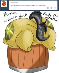 Size: 1280x1581 | Tagged: suggestive, artist:mad'n evil, derpibooru import, daring do, pegasus, pony, series:the adventures of chubby daring do, answer, ask, barrel, belly, big belly, butt, chubby, cider, cider inflation, comp-ass, daring dollop, daring donk, dialogue, drink, drinking, fat, g4, huge butt, image, impossibly large butt, jpeg, large butt, love handles, plot, simple background, solo, text, thighs, thunder thighs, tumblr, weight gain, white background