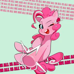 Size: 2000x2000 | Tagged: safe, artist:pascal571, derpibooru import, pinkie pie, earth pony, pony, emanata, green background, image, jpeg, looking at you, one eye closed, open mouth, open smile, simple background, smiling, smiling at you, solo, text, underhoof, wink, winking at you