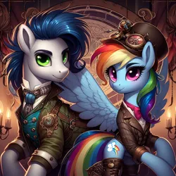 Size: 1024x1024 | Tagged: safe, ai content, derpibooru import, machine learning generated, prompter:*rainbow dash*, rainbow dash, soarin', clothes, female, g4, generator:bing image creator, hat, image, male, png, shipping, soarindash, spread wings, steampunk, straight, suit, wingless, wings