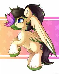 Size: 3107x3919 | Tagged: safe, artist:madelinne, derpibooru import, oc, oc:core, unofficial characters only, butterfly, insect, pegasus, blue eyes, flying, image, jewelry, pegasus oc, png, solo, wings