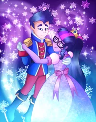 Size: 1534x1948 | Tagged: safe, artist:corlycolor, derpibooru import, flash sentry, sci-twi, twilight sparkle, human, equestria girls, clothes, dancing, dress, female, flashlight, gown, holding hands, image, jpeg, looking at each other, looking at someone, male, princess, princess dress, ship:sci-flash, shipping, smiling, smiling at each other, snow, snowflake, straight, uniform