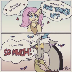 Size: 1280x1280 | Tagged: safe, artist:superbrightspark64, derpibooru import, discord, fluttershy, pegasus, bandana, bedroom eyes, comic, crying, cute, dialogue, discoshy, female, funny, image, jpeg, love, male, shipping, straight, swearing, vulgar