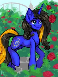Size: 1200x1600 | Tagged: safe, artist:falafeljake, derpibooru import, oc, oc:destiny light, unofficial characters only, pony, unicorn, colored sketch, commission, cutie mark, female, flower, horn, image, mare, png, scenery, sketch, smiling, solo, two toned mane, unicorn oc