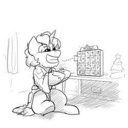 Size: 3000x3000 | Tagged: safe, artist:captainhoers, derpibooru import, oc, unofficial characters only, pony, unicorn, advent calendar, bathrobe, chocolate, christmas, christmas tree, clothes, food, grayscale, grin, holiday, hoof hold, image, jpeg, male, monochrome, robe, sitting, smiling, solo, stallion, tree