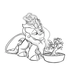 Size: 3000x3000 | Tagged: safe, artist:captainhoers, derpibooru import, oc, unofficial characters only, kirin, bonsai, glow, glowing horn, grayscale, horn, image, jpeg, kirin oc, lidded eyes, looking at something, male, monochrome, plant, simple background, smiling, solo, white background
