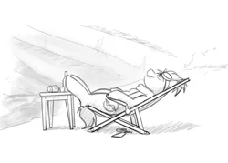 Size: 3500x2500 | Tagged: safe, artist:captainhoers, derpibooru import, oc, unofficial characters only, pony, beach chair, chair, goggles, goggles on head, grayscale, image, jpeg, looking up, lying down, monochrome, on back, solo