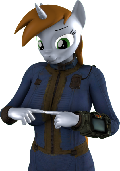 Size: 1328x1886 | Tagged: safe, artist:kanagwaru, derpibooru import, oc, oc:littlepip, unofficial characters only, anthro, pony, unicorn, fallout equestria, 3d, 3d model, clothes, coat markings, female, image, mare, png, raised hoof, selfie, suijin
