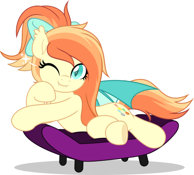 Size: 5530x5000 | Tagged: safe, artist:jhayarr23, derpibooru import, oc, oc:sunshine drift, unofficial characters only, bat pony, pony, absurd resolution, bat ears, bat eyes, bat pony oc, bat wings, bow, chair, commission, draw me like one of your french girls, female, folded wings, hair bow, image, looking at you, lying down, mare, one eye closed, png, shadow, side, simple background, smiling, smiling at you, solo, transparent background, wings, wink, winking at you, ych result