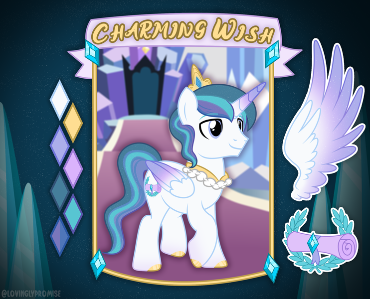 Size: 2473x2000 | Tagged: safe, artist:lovinglypromise, derpibooru import, oc, oc:charming wish, alicorn, pony, image, male, offspring, parent:princess cadance, parent:shining armor, parents:shiningcadance, png, solo, stallion