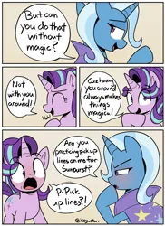 Size: 2075x2845 | Tagged: safe, artist:icey, derpibooru import, starlight glimmer, trixie, pony, unicorn, blushing, cape, clothes, comic, duo, eyes closed, female, flustered, image, laughing, looking back, mare, pickup lines, png, trixie's cape