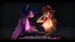 Size: 9600x5400 | Tagged: safe, artist:imafutureguitarhero, derpibooru import, sci-twi, sunset shimmer, twilight sparkle, twilight sparkle (alicorn), alicorn, anthro, classical unicorn, unguligrade anthro, unicorn, series:twilight's sexual deviancy, 3d, absurd file size, absurd resolution, alicornified, arm behind head, arm fluff, arm freckles, belly button, black bars, boob freckles, breast fluff, breast grab, breast squeeze, breasts, cargo pants, cheek fluff, chest fluff, chest freckles, chromatic aberration, chuckle, cleavage fluff, clothes, cloven hooves, colored eyebrows, colored eyelashes, colored wings, dialogue, duo, duo female, ear fluff, ear freckles, evening gloves, female, film grain, fingerless elbow gloves, fingerless gloves, floppy ears, fluffy, fluffy hair, fluffy mane, freckles, fur, g4, gloves, glow, glowing boobs, grope, hoof fluff, horn, image, jpeg, kneeling, laughing, leonine tail, lesbian, letterboxing, long gloves, long hair, long mane, multicolored hair, multicolored mane, multicolored tail, neck fluff, nipples, nudity, on floor, one ear down, open mouth, paintover, pants, partial nudity, peppered bacon, race swap, reasonably sized breasts, revamped anthros, revamped ponies, sci-twilicorn, ship:sci-twishimmer, shipping, shorts, shoulder fluff, shoulder freckles, signature, smiling, socks, source filmmaker, stage.bsp, striped gloves, striped socks, sunsetsparkle, tail, talking, text, topless, two toned wings, unshorn fetlocks, wall of tags, wings