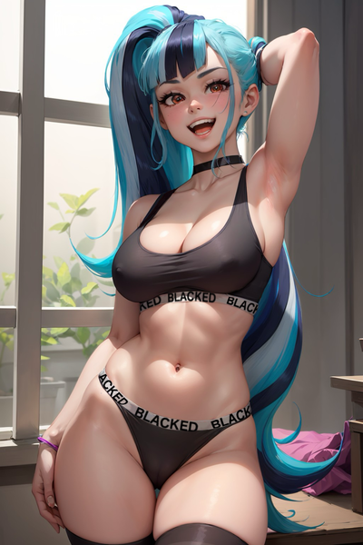 Size: 1024x1536 | Tagged: suggestive, ai content, derpibooru import, editor:sammykun, machine learning generated, sonata dusk, human, equestria girls, arm behind head, armpits, belly button, black underwear, breasts, busty sonata dusk, cameltoe, clothes, erect nipples, female, g4, generator:yodayo, humanized, image, long hair, looking at you, midriff, nipple outline, open mouth, open smile, png, ponytail, pose, prompter:sammykun, reasonably sized breasts, sexy, smiling, smiling at you, socks, solo, solo female, standing, stupid sexy sonata dusk, sultry, sultry pose, teeth, thigh highs, thighs, underwear, wide hips