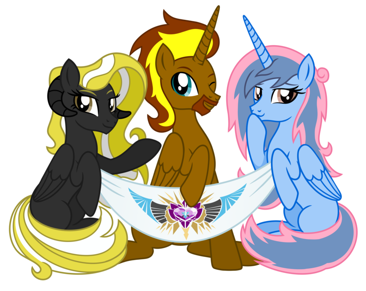 Size: 6297x5000 | Tagged: safe, artist:jennieoo, derpibooru import, oc, oc:liliosa, oc:prince cosmic light, oc:princess sorraia, unofficial characters only, alicorn, derpibooru community collaboration, 2024 community collab, banner, beard, facial hair, horn, horns, image, looking at you, png, simple background, smiling, smiling at you, transparent background, vector