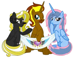 Size: 6297x5000 | Tagged: safe, artist:jennieoo, derpibooru import, oc, oc:liliosa, oc:prince cosmic light, oc:princess sorraia, unofficial characters only, alicorn, derpibooru community collaboration, 2024 community collab, banner, beard, facial hair, horn, horns, image, looking at you, png, simple background, smiling, smiling at you, transparent background, vector