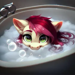 Size: 4096x4096 | Tagged: safe, ai content, derpibooru import, machine learning generated, prompter:doom9454, stable diffusion, roseluck, pony, bath, bubble bath, cute, fluffy, generator:purplesmart.ai, image, jpeg, looking at you, pony pet, rosepet, wet, wet mane