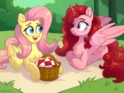 Size: 2248x1686 | Tagged: safe, artist:skysorbett, derpibooru import, fluttershy, oc, oc:ruby shine, alicorn, pegasus, alicorn oc, basket, bush, chest fluff, duo, duo female, female, forest, grass, horn, image, looking at each other, looking at someone, nature, open mouth, picnic, picnic basket, png, smiling, tree, wings