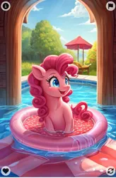 Size: 889x1354 | Tagged: safe, pinkie pie, earth pony, pony, cute, happy, image, jpeg, milkshake, pinkamena diane pie, pinkie being pinkie, pool party, silly, silly pony, summer days, swimming pool