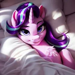Size: 1024x1024 | Tagged: safe, ai content, derpibooru import, machine learning generated, prompter:tokumei, stable diffusion, starlight glimmer, pony, unicorn, bed, bedroom eyes, chest fluff, female, g4, generator:pony diffusion v6 xl, image, indoors, laying on bed, looking at you, lying down, mare, on back, on bed, pillow, png, smiling, smiling at you, solo