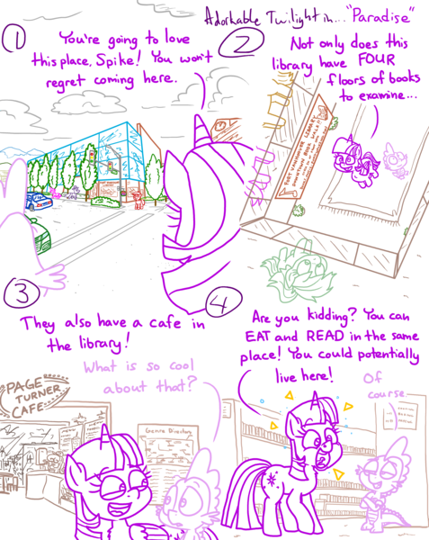 Size: 4779x6013 | Tagged: safe, artist:adorkabletwilightandfriends, derpibooru import, spike, twilight sparkle, twilight sparkle (alicorn), alicorn, comic:adorkable twilight and friends, adorkable, adorkable twilight, angle, back of head, book, bookhorse, bookshelf, building, cafe, comic, cute, dork, excited, fort vanhoover, happy, high angle, image, library, overcast, perspective, png, showing off, slice of life, that pony sure does love books, twiabetes