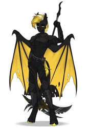 Size: 2105x3030 | Tagged: safe, artist:enderbee, derpibooru import, oc, anthro, bat pony, armor, cloak, clothes, commission, image, male, png, scythe, simple background, solo, spread wings, standing, white background, wings, yellow eyes, yellow mane