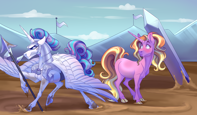 Size: 2900x1700 | Tagged: safe, artist:uunicornicc, derpibooru import, luster dawn, princess flurry heart, pony, armor, cloven hooves, image, mud, older, older flurry heart, png, spear, weapon