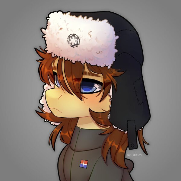 Size: 900x900 | Tagged: safe, artist:shelti, derpibooru import, oc, oc:clover springs, pony, clothes, eye clipping through hair, female, frown, galactic empire, hat, image, jpeg, mare, military uniform, star wars, uniform, ushanka, winter hat