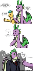 Size: 1446x3031 | Tagged: safe, artist:jcosneverexisted, derpibooru import, hitch trailblazer, spike, dragon, pony, g5, dialogue, image, jpeg, male, parody, text