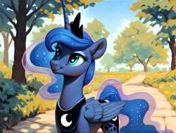 Size: 2048x1536 | Tagged: safe, ai content, artist:dovakkins, derpibooru import, machine learning assisted, machine learning generated, princess luna, alicorn, pony, crown, derpibooru exclusive, female, g4, grass, image, jewelry, looking up, mare, peytral, png, regalia, smiling, solo, summer, tree, wavy mane