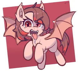 Size: 1114x1015 | Tagged: safe, artist:deerie, derpibooru import, oc, bat pony, pony, bat wings, drool, fangs, flying, image, looking at you, open mouth, png, simple background, solo, spread wings, tongue out, two toned mane, wings