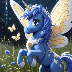 Size: 512x512 | Tagged: safe, ai content, derpibooru import, machine learning generated, prompter:wildcard71, oc, unnamed oc, butterfly, insect, pony, unicorn, butterfly wings, cornflower (flower), generator:hotpot.ai, image, png, rearing, solo, wings