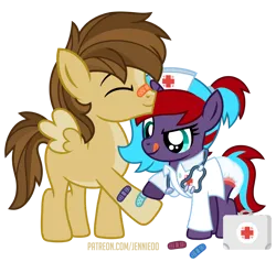 Size: 1000x953 | Tagged: safe, artist:jennieoo, derpibooru import, oc, oc:buttercup, oc:charming dazz, pegasus, pony, unicorn, bandaid, diaper, female, filly, foal, gift art, image, nurse, nurse outfit, patreon, patreon reward, png, show accurate, simple background, tongue out, transparent background, vector