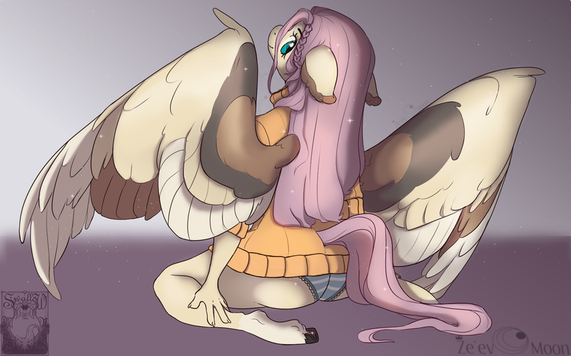 Size: 1683x1051 | Tagged: suggestive, artist:arcticnight-art, derpibooru import, fluttershy, anthro, pegasus, pony, unguligrade anthro, ass, butt, clothes, coat markings, female, floppy ears, flutterbutt, image, kneeling, large wings, looking at you, looking back, looking back at you, mare, no pants, panties, partially open wings, png, signature, smiling, smiling at you, solo, solo female, striped panties, striped underwear, sweater, sweatershy, underwear, wings