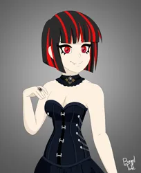 Size: 2975x3654 | Tagged: safe, artist:bageloftime, derpibooru import, oc, oc:raven moon, human, undead, vampire, equestria girls, adorable face, black dress, clothes, cute, cute little fangs, dress, fangs, female, goth, image, png, red eyes, solo, solo female, vampire girl
