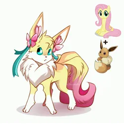 Size: 4096x4096 | Tagged: safe, artist:buvanybu, derpibooru import, fluttershy, eevee, pegasus, pony, :<, barely pony related, bow, cheek fluff, chest fluff, cute, ear fluff, eeveelution, female, fluffy, image, jpeg, mare, paws, pokefied, pokémon, ribbon, shyabetes, simple background, solo, species swap, tail, tail fluff, watermark, white background