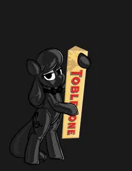 Size: 2550x3300 | Tagged: safe, alternate version, artist:belaboy, edit, editor:anonymous, octavia melody, earth pony, pony, /mlp/ latex requests, bipedal, bondage, bow, bowtie, dark, encasement, gray background, hood, hoof hold, image, latex, latex suit, leaning, lidded eyes, png, seams, shitposting, simple background, solo, thats a big bar, toblerone