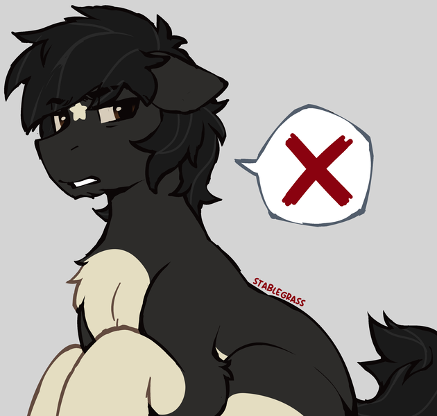 Size: 3250x3095 | Tagged: safe, artist:stablegrass, derpibooru import, oc, oc:stable, pony, chest fluff, coat markings, floppy ears, grumpy, image, looking sideways, male, messy mane, png, socks (coat marking), speech bubble, stallion