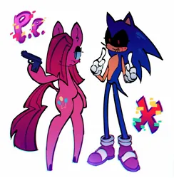 Size: 1605x1644 | Tagged: safe, artist:mihar34, derpibooru import, pinkie pie, earth pony, pony, duo, frown, gun, image, jpeg, pinkamena diane pie, sharp teeth, simple background, smiling, sonic the hedgehog (series), sonic.exe, standing on two hooves, teeth, weapon, white background