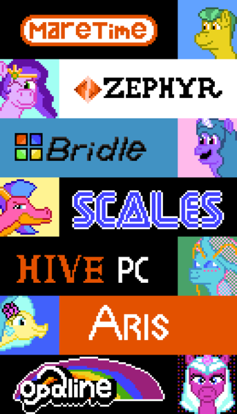 Size: 512x896 | Tagged: safe, artist:derek the metagamer, derpibooru import, hitch trailblazer, izzy moonbow, ocellus, pipp petals, princess skystar, g5, my little pony: the movie, aseprite, atari, blaize skysong, bust, image, ljn, logo, microsoft, nec pc, nintendo, opaline arcana, pixel art, png, portrait, queen ocellus, rainbow, sega, sony, text