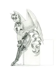 Size: 1050x1335 | Tagged: safe, artist:baron engel, derpibooru import, inky rose, anthro, pegasus, unguligrade anthro, boots, clothes, female, g4, image, jpeg, knee-high boots, leather, leather boots, monochrome, pencil drawing, shoes, simple background, solo, traditional art, white background