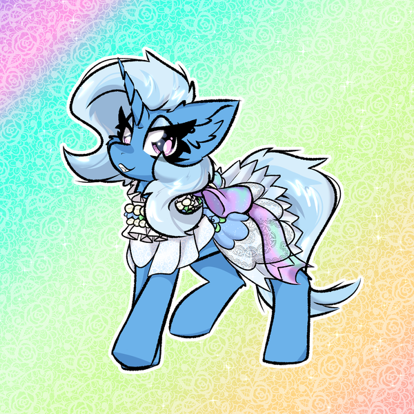Size: 2000x2000 | Tagged: safe, artist:jubyskylines, derpibooru import, trixie, pony, unicorn, clothes, cute, cute little fangs, dress, ear fluff, fangs, image, lidded eyes, looking at you, png, smiling, solo, teeth