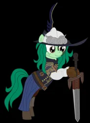 Size: 2250x3064 | Tagged: safe, artist:wallbeige, ponerpics import, wallflower blush, earth pony, pony, boots, clothes, freckles, greatsword, hat, image, lucatiel of mirrah, png, ponerpics fantasy community collab 2024, shoes, sword, weapon