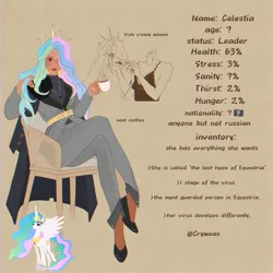 Size: 2048x2048 | Tagged: safe, artist:cryweas, derpibooru import, princess celestia, alicorn, human, pony, alternate hairstyle, alternate universe, belt, brown background, chair, clothes, coat, creepy, crown, cup, dark skin, detachable head, dress, ear piercing, earring, eyeshadow, female, food, grin, high heels, hoof shoes, humanized, image, jewelry, jpeg, lipstick, makeup, mare, modular, nail polish, necklace, pants, piercing, reference sheet, regalia, shirt, shoes, simple background, smile virus, smiling, solo, suit, sweater, tattoo, tea, teacup